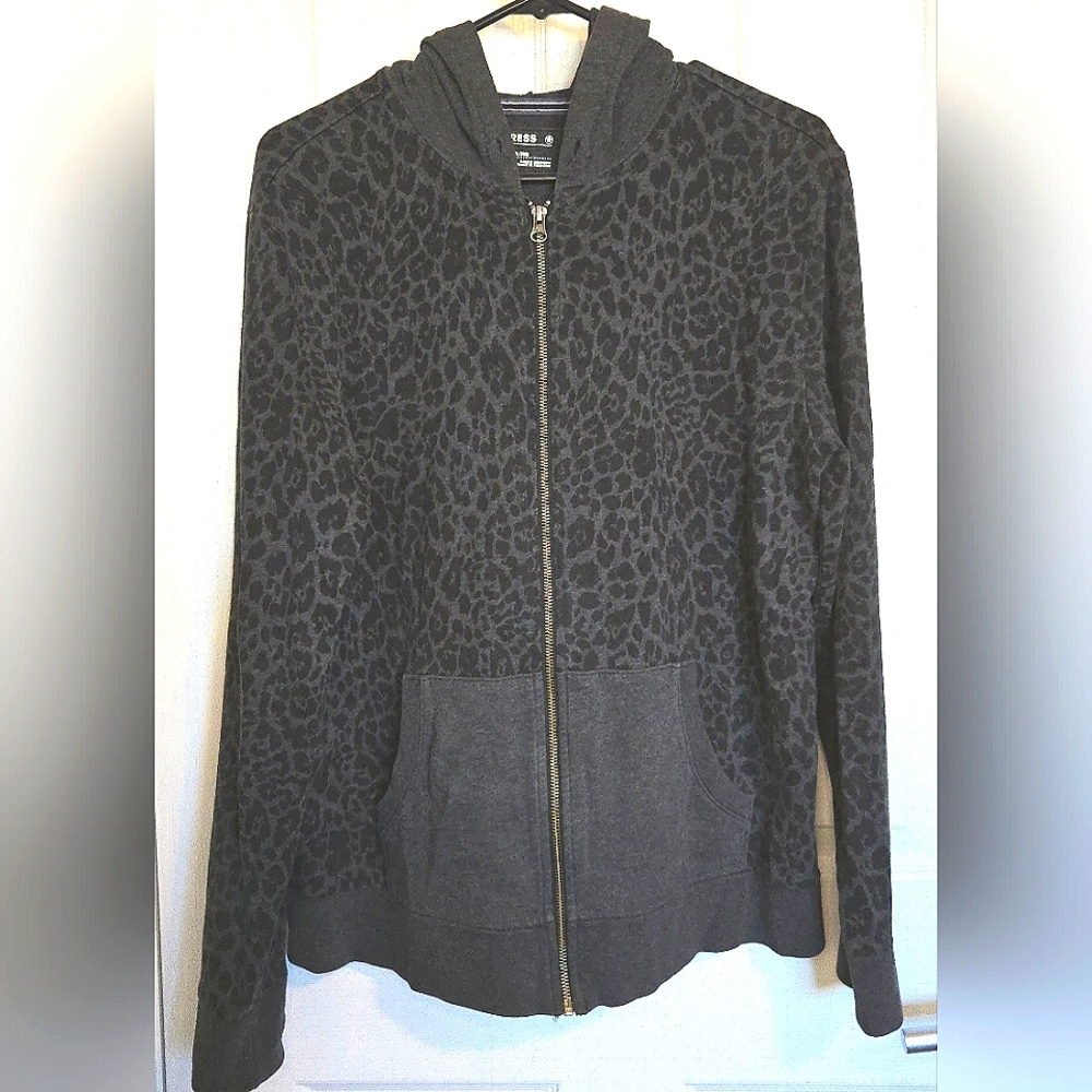 Gray Leopard Print Zip-Up Jacket with Hood Womens Large